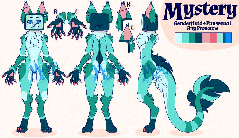 Full SFW ref sheet, Flat color, 1-2 color background